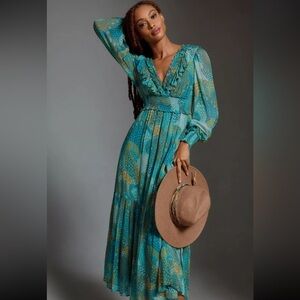 Anthropologie The Odetta Ruffled V-Neck Dress Size 2XL BLUE coquette dress